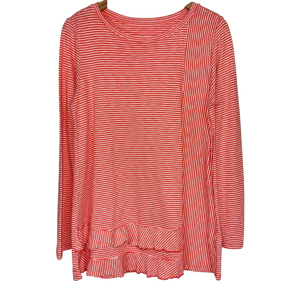 Soft Surroundings Orange Pima Cotton Striped Ruffle Long Sleeve Top Size Medium